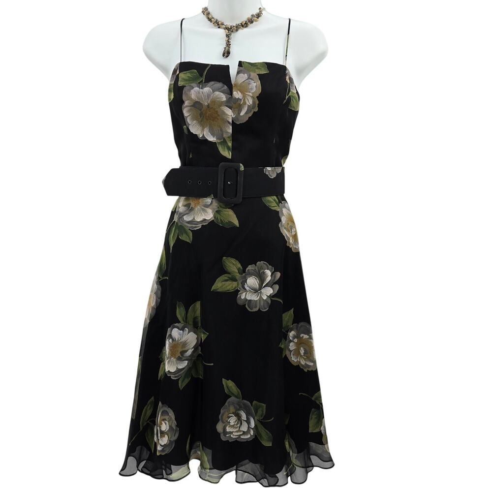 ABS Evening Vtg 90 Y2K Whimsigoth Dark Romantic Silk Chiffon Floral Midi Dress 6